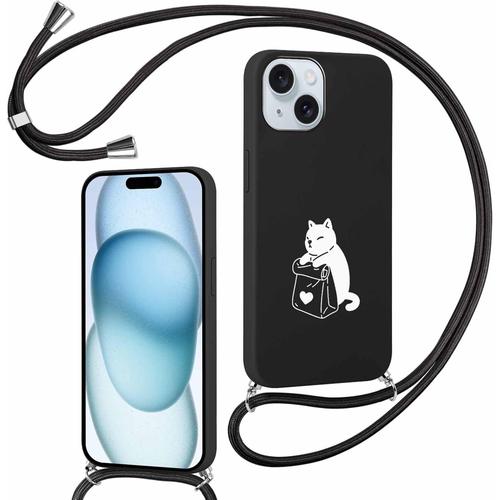 Coque Cordon Pour Iphone 15 6,1"", Mignon Motif Chat Étui Collier Réglable Tour De Cou Lanière Corde Case,Mince Silicone Souple Tpu Antichoc Lanyard Chaîne Housse Cover Pour Iphone 15,Noir