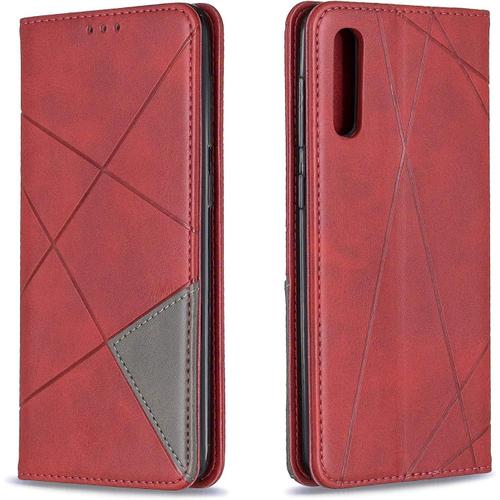 Coque Pour Samsung Galaxy A30s/A50s, Housse Portefeuille En Cuir Etui De Protection Avec Tpu Silicone Bumper Antichoc Magnétique Flip Case, Porte Cartes Avec Fonction Support Cover (Rouge)