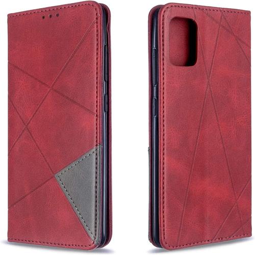 Coque Pour Samsung Galaxy A51, Housse Portefeuille En Cuir Etui De Protection Avec Slim Tpu Silicone Bumper Antichoc Magnétique Flip Case, Porte Cartes Avec Fonction Support Cover (Rouge)