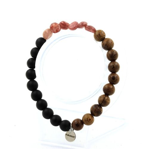 Bracelet Rubis Du Brésil + Perles Onyx Noir Mat + Bois 8 Mm. Fabriqué En France.
