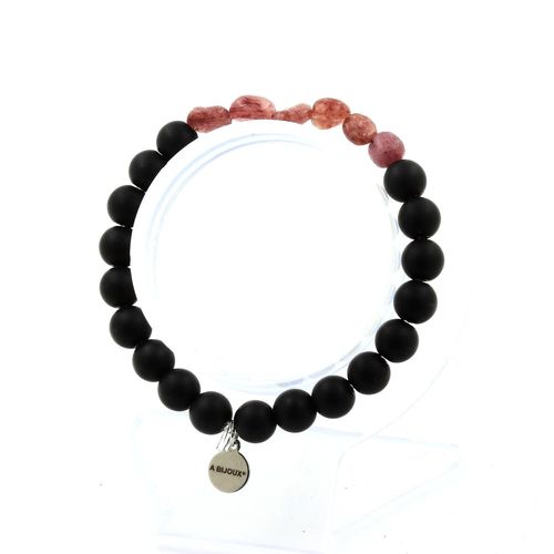 Bracelet Rubis Du Brésil + Perles Onyx Noir Mat 8 Mm. Fabriqué En France.