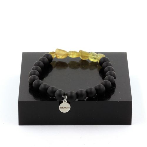 Bracelet Apatite Jaune De Madagascar + Perles Onyx Noir Mat 8 Mm. Fabriqué En France.