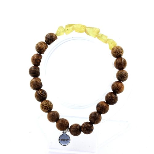 Bracelet Apatite Jaune De Madagascar + Perles Bois 8 Mm. Fabriqué En France.