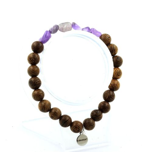 Bracelet Améthyste Du Brésil + Perles Bois 8 Mm. Fabriqué En France.