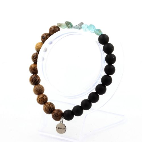 Bracelet Apatite Du Brésil + Perles Onyx Noir Mat + Bois 8 Mm. Fabriqué En France.
