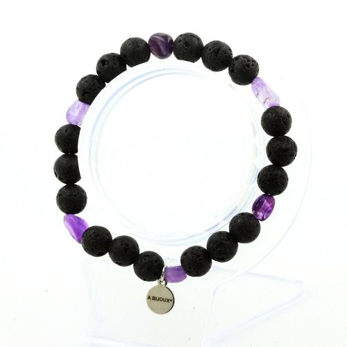 Bracelet Améthyste Du Brésil + Perles Lave 8 Mm. Fabriqué En France.