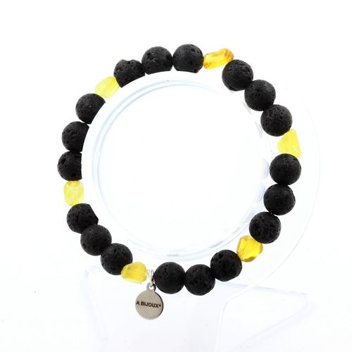 Bracelet Opale Jaune D'australie + Perles Lave 8 Mm. Fabriqué En France.