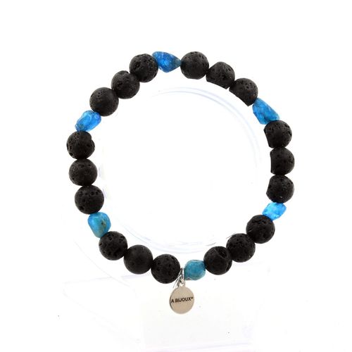 Bracelet Apatite Bleu Du Brésil + Perles Lave De 8 Mm. Fabriqué En France.
