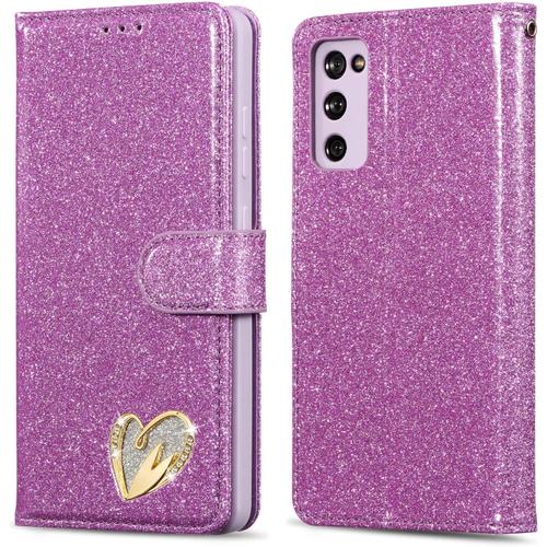 Étui Pour Samsung Galaxy S20 Fe Coque, Flip Case Étui Paillette Glitter Bling Portefeuille En Cuir Housse Avec Porte Carte Magnétique Wallet Cover Pour Samsung Galaxy S20 Fe Violet