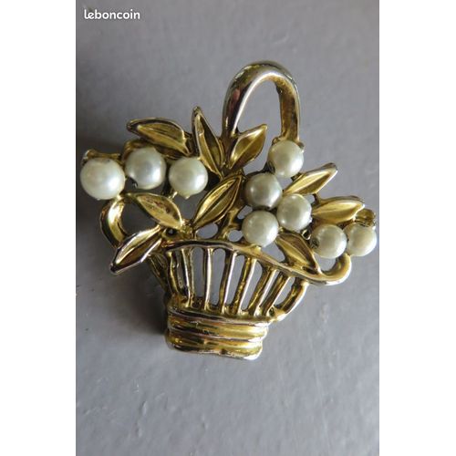 Ancienne Broche Panier Avec Perles Blanches Nacrées