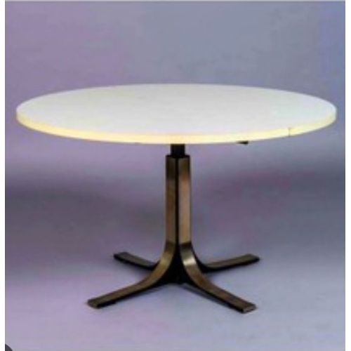 Table Design Osvaldo Borsani Ronde Extensible A Rallonge Blanche Tecno Style 1970 Pied En Etoile Acier Chrome Brosse Reglable En Hauteur Avec Son Verin Console 1m De Diametre Basse Haut Repas Salon