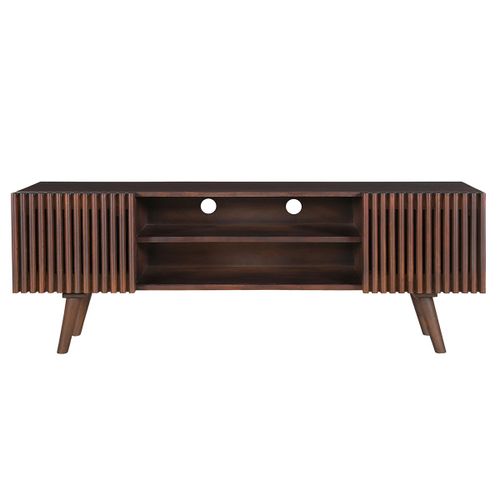 Meuble Tv En Manguier Massif Teinté Bois Foncé Avec Portes Coulissantes L140 Cm Alba