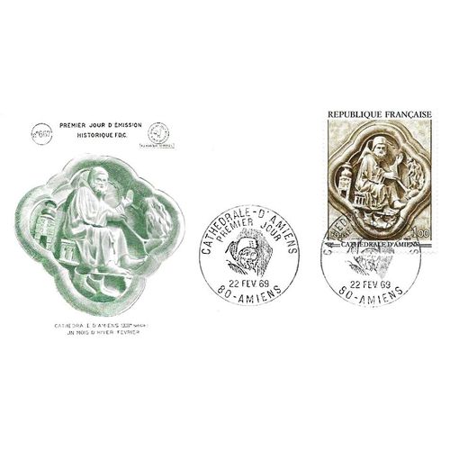 France 1969, Très Belle Enveloppe 1er Jour État Neuf, Timbre Yvert 1586, Bas Relief De La Cathédrale D'amiens, 4 Feuilles De Février Et Paysan Assis Au Coin Du Feu.