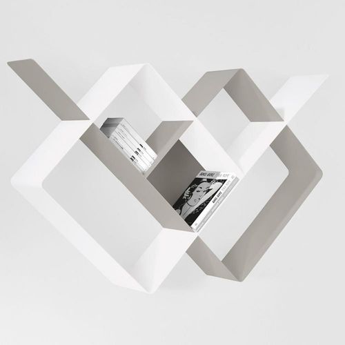 Bibliothèque Mondrian En Acier Coloris Blanc Et Gris Tourterelle