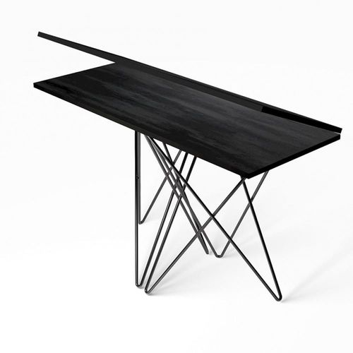 Table Console Extensible Hermes Stratifié Noir Carbone Acier Noir 115cm