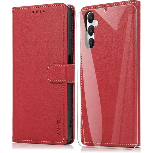 Coque Pour Samsung Galaxy A05s 4g (6.7"") + Verre Trempé,Protection Portefeuille Case Cover De Magnétique For Samsung Galaxy A05s 4g,Housse En Cuir Case Samsung Galaxy A05s 4g - Rouge