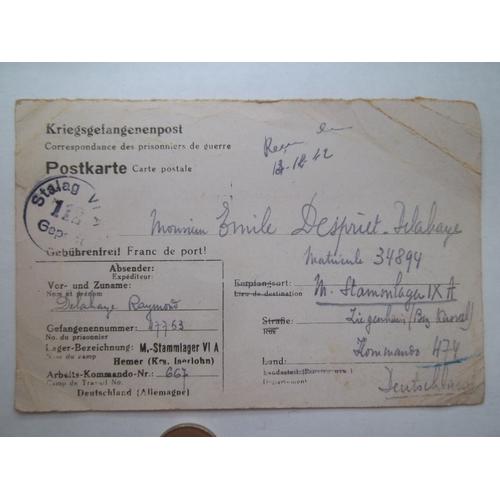 Document Lettre Prisonnier 1942 Stammlager Vi A Stalag Rhénanie-Du-Nord-Westphalie.