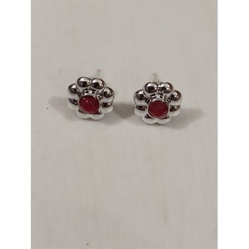 Boucles D'oreilles Argenté ,Fleur Avec Strass Rouge