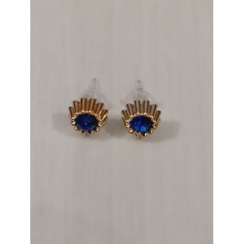 Boucles D'oreilles Cylindre Cannelé Dorée Avec Strass Bleu