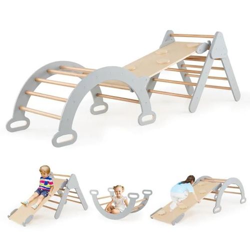7 En 1 Triangle D'escalade En Bois Costway-Avec Toboggan/Arche/Rampe Double Face-Échelle Réglable-Charge 50kg-Pour Bébé 1+ Ans-Gris