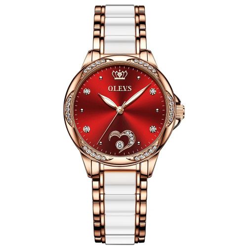 Montre-Bracelet Pour Femmes,Automatique,Mécanique,En Acier Inoxydable,Céramique,C?ur,Diamant,Pour Filles - Type Wine Red Face