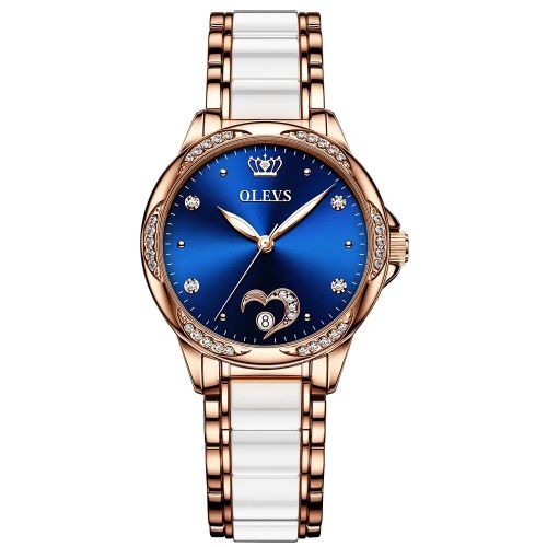 Montre-Bracelet Pour Femmes,Automatique,Mécanique,En Acier Inoxydable,Céramique,C?ur,Diamant,Pour Filles - Type Royal Blue Face