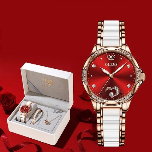 Montre-Bracelet Pour Femmes,Automatique,Mécanique,En Acier Inoxydable,Céramique,C?ur,Diamant,Pour Filles - Type Wine Red Face Set