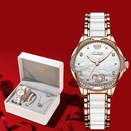 Montre-Bracelet Pour Femmes,Automatique,Mécanique,En Acier Inoxydable,Céramique,C?ur,Diamant,Pour Filles - Type White Face Set