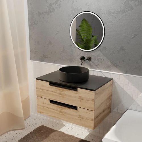 Meuble Salle De Bains 80cm Décor Bois Et Noir, 2 Tiroirs, Vasque Noire Ø36cm Et Miroir Led Ø50cm