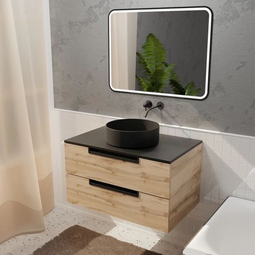 Meuble Salle De Bains 80cm Décor Bois Et Noir, 2 Tiroirs, Vasque Noire Ø36cm Et Miroir Led 80x60cm