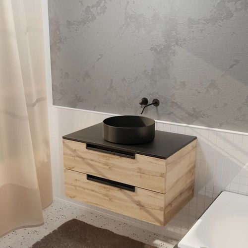 Meuble Salle De Bains 80 Cm À Suspendre Décor Bois Et Plan Noir - 2 Tiroirs - Vasque Noire Ø36 Cm