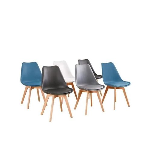 Lot De 6 Chaises - Mix Couleurs - Blanc , Gris , Bleu Canard X2 , Noir X2 - Scandinave - Pieds Bois