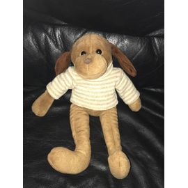 Peluche Chien Nounours Marron Pull Beige Rayures Vintage 35 Cm
