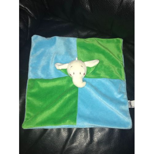 Doudou Plat Éléphant Gris Vert Et Bleu Cp International 28*28cm