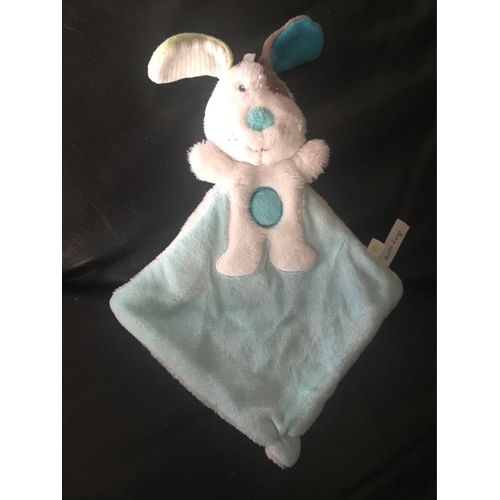 Doudou Plat Chien Blanc Bleu Rond Bleu Coquard Marron Sucre D'orge 28cm