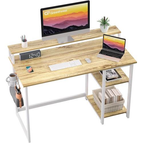 Bureau D¿Ordinateur Avec Support De Moniteur, Bureau À Domicile Avec Étagères De Rangement À Hauteur Réglable,100cm Bureaux Gaming Moderne Avec Crochet Pour Casque Et Porte-Gobelet, Beige