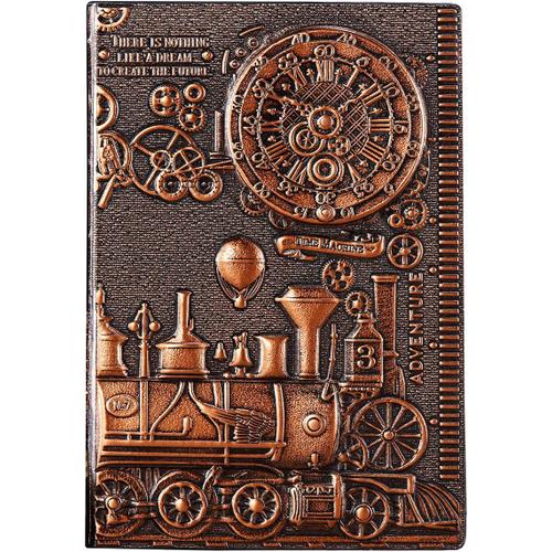 Carnet A5 Ligné Couverture Rigide, Carnet De Voyage En Relief Fait Main Cahier De Notes En Cuir Vintage, Calepin Journal Intime Notebook 200 Pages Cadeau Enfant Adulte Femme Homme 3d Train Cuivre