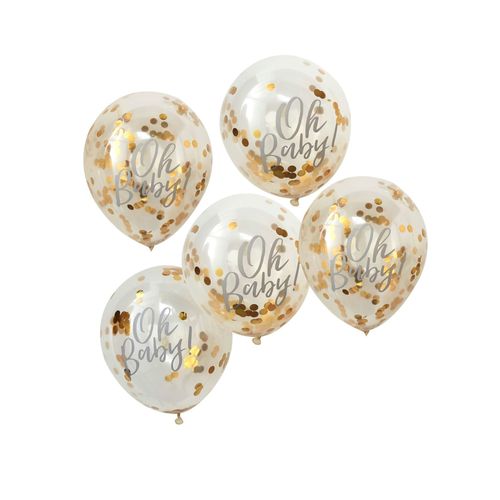 5 Ballons Oh Baby Transparents A Confettis Ronds Dores Metallises 30 Cm