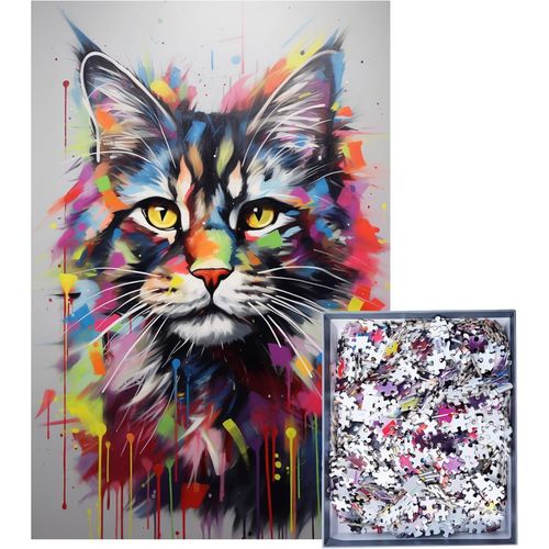 Puzzle Adulte 1000 Pièces Animal Popart - Chat Maine Coon - Décoration Murale - Cadre 50x75 Cm - Qualité Premium Carton Fsc 2mm - Greenanoo
