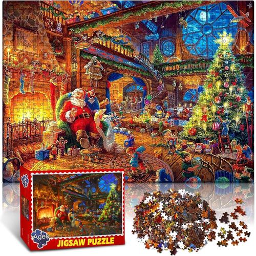 1000 Pièces Puzzle Père Noël, Puzzle De Noël Assis Au Feu Crépitant Et Son Lutin De Noël, 70 X 50 Cm, Coloré, Puzzle Noël Adultes, Cadeau De Noël