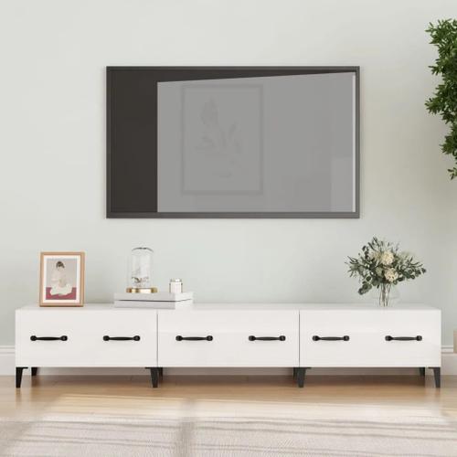 Meuble Tv Moderne Bois Et Métal 150x34,5x30 Cm Blanc Brillant