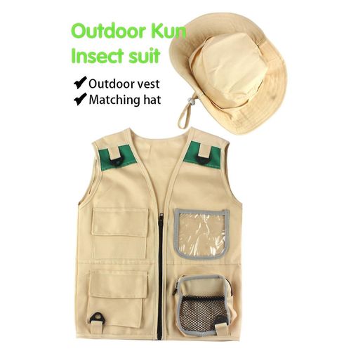 Kit D'aventure En Plein Air, Gilet Cargo Kaki Pour Jeune Enfant Et Chapeau Confortable Et Durable Explorateur Costume-Am