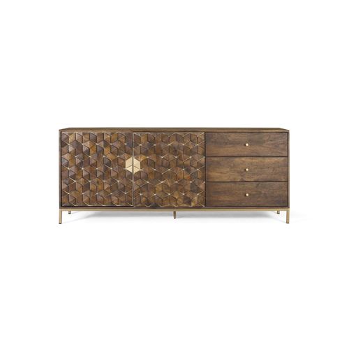 Buffet Manguier Et Métal Sophistiqué En Noyer Et Doré