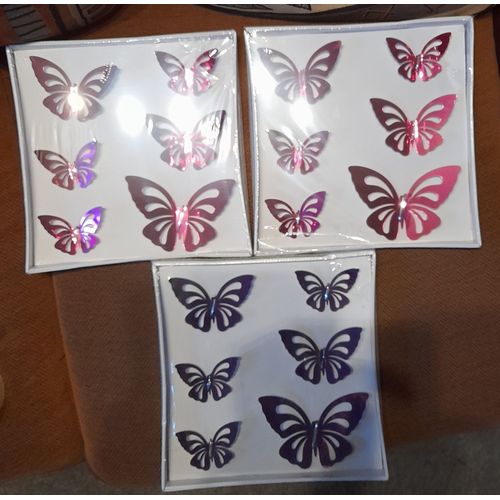 3 coffret de 6 stickers papillons acryliques rose et violet 3D plastique brillant