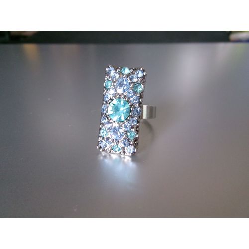 Bague Fantaisie Ajustable, Rectangulaire, En Métal + Zircons Bleu Pâle