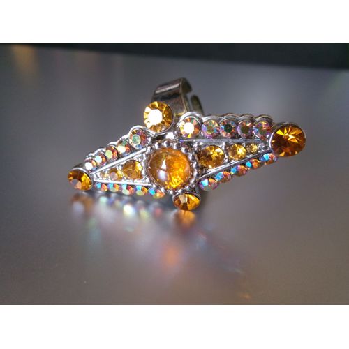 Bague Fantaisie Ajustable, Losange, En Métal + Zircons & Demi Perle Orange