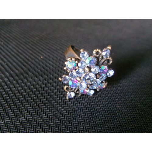Bague Fantaisie Ajustable, Ovale, En Métal + Zircons Bleu Irisé