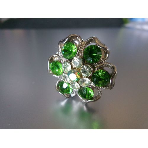 Bague Fantaisie Ajustable, Ronde Étoilée, En Métal + Zircons Vert