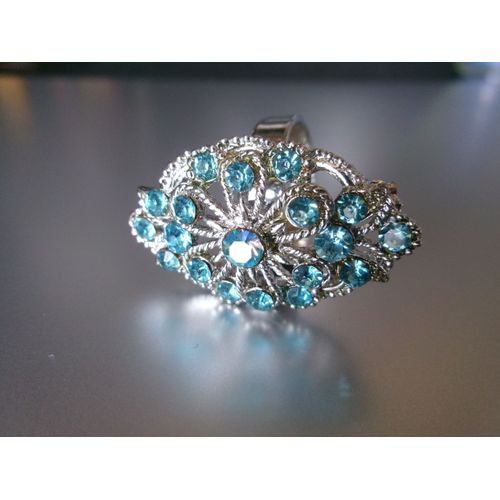 Bague Fantaisie Ajustable, Ovale, En Métal + Zircons Bleu