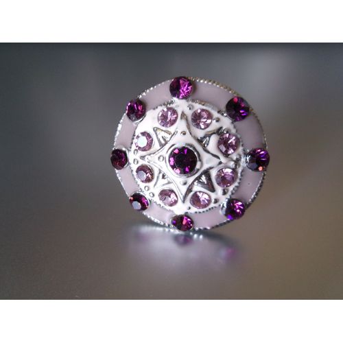 Bague Fantaisie Ajustable, Ronde, En Métal Et Émail Violet Pâle + Zircons